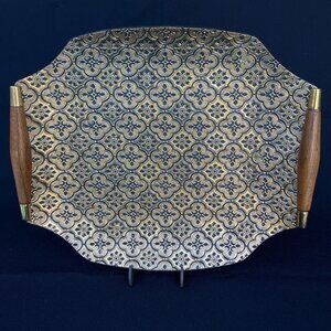 Georges Briard Embossed Gold Iberia Wood Handled Cocktail Serving Tray